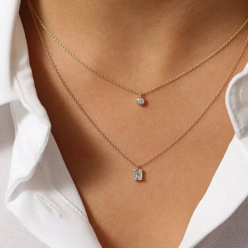 0.15CTW Baguette & Round Diamond Charm Necklace