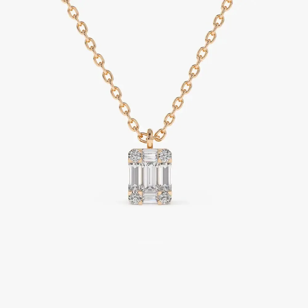 0.15CTW Baguette & Round Diamond Charm Necklace