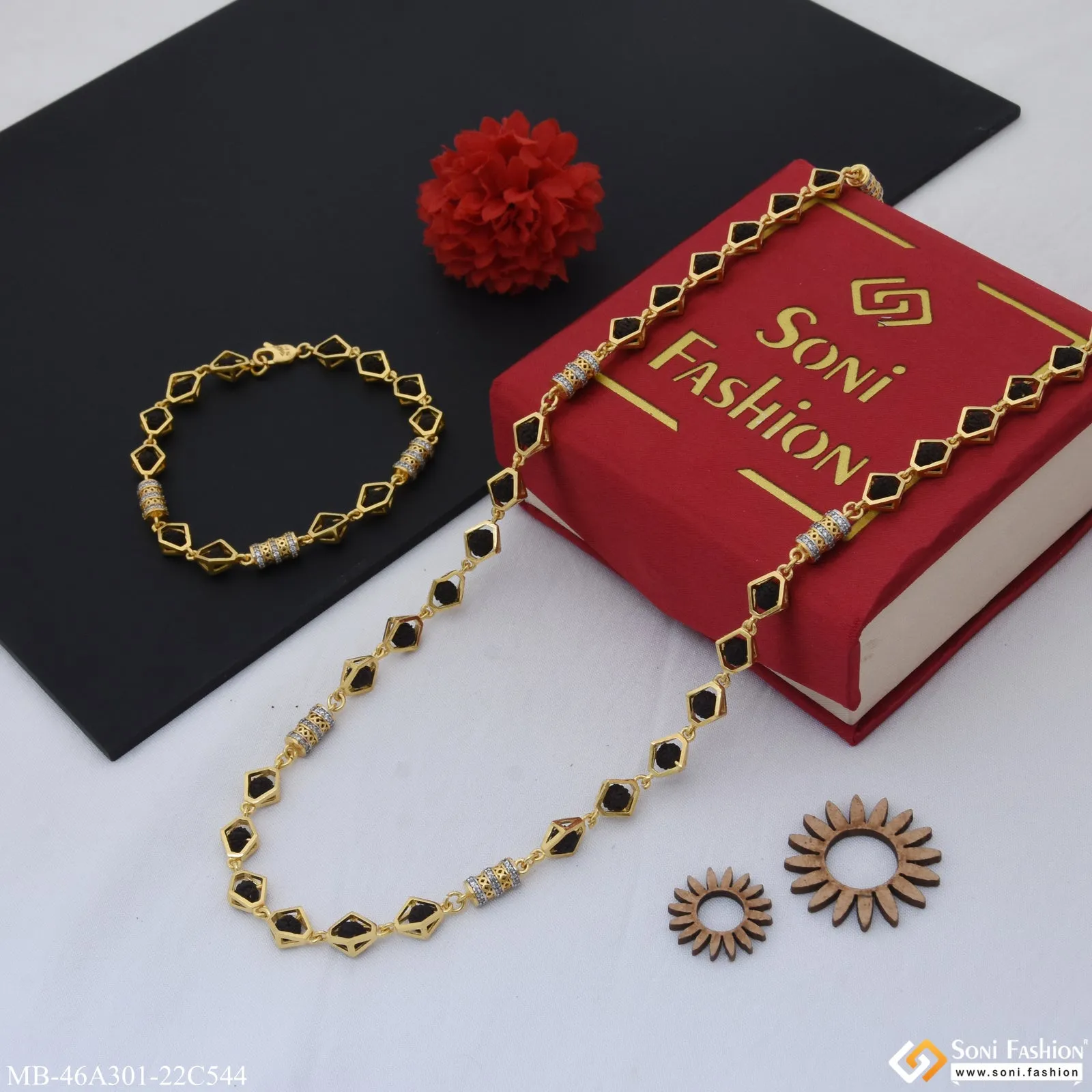 1 Gram Gold Plated Antique Design Rudraksha Mala with Bracelet for Men (MB-A301-C544)