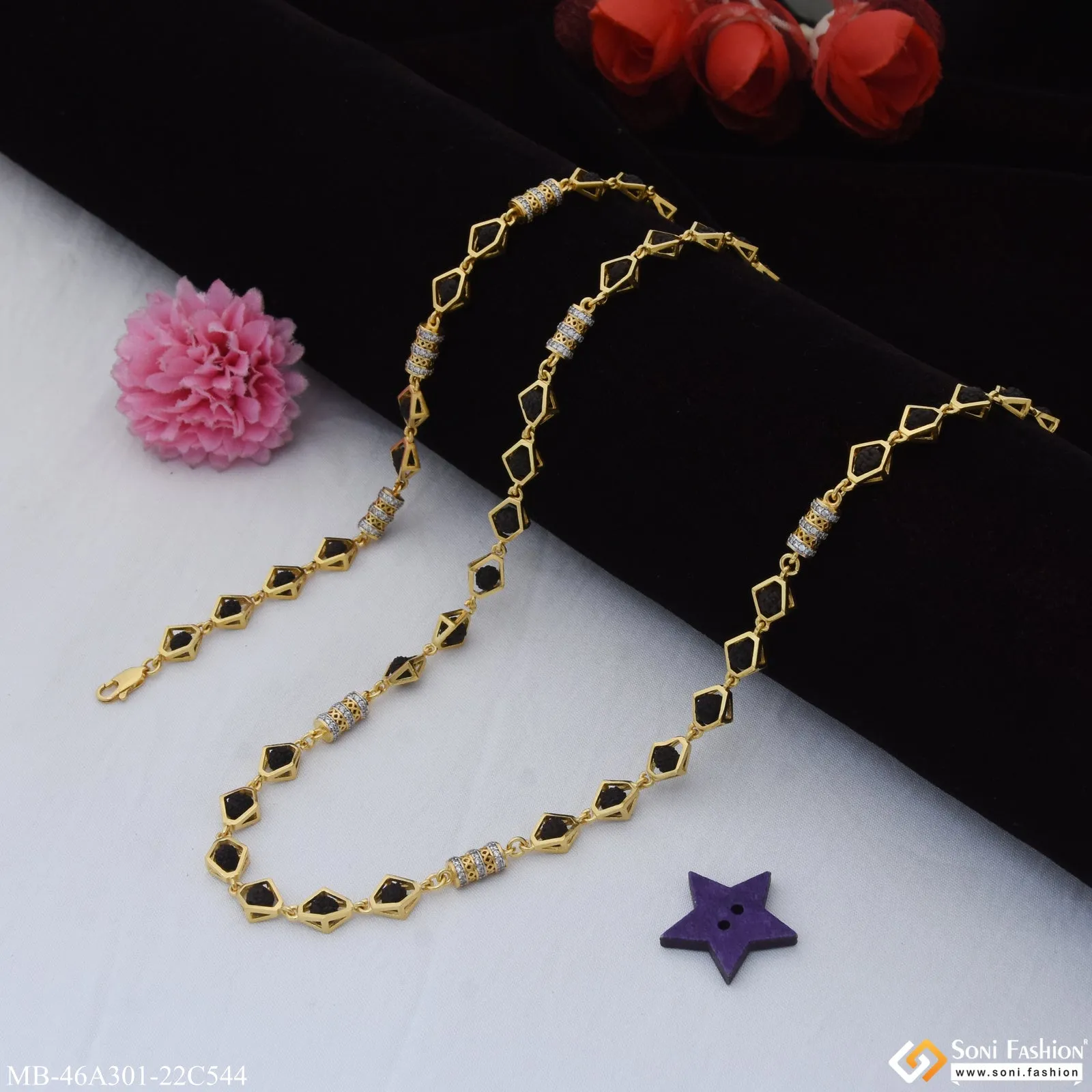 1 Gram Gold Plated Antique Design Rudraksha Mala with Bracelet for Men (MB-A301-C544)