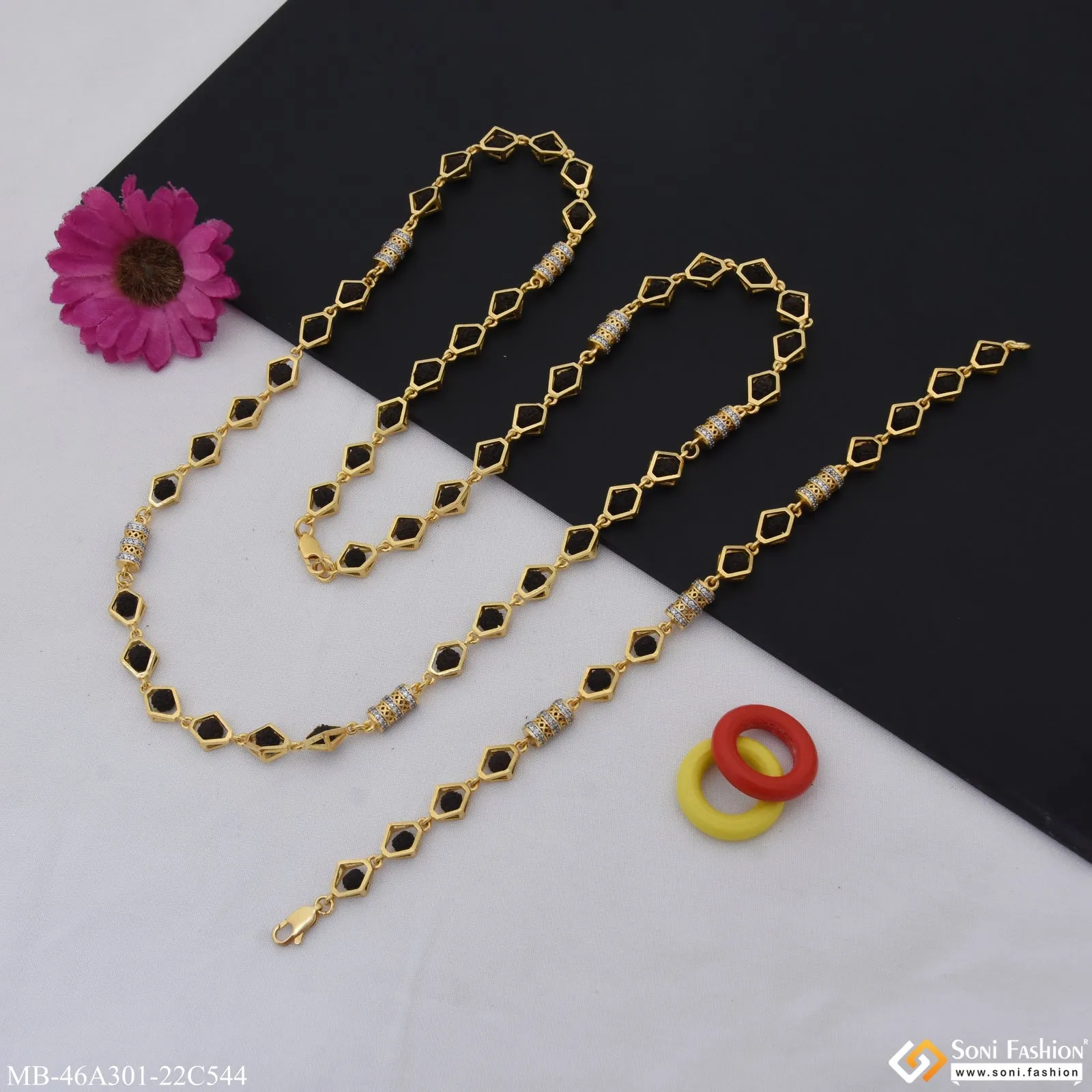 1 Gram Gold Plated Antique Design Rudraksha Mala with Bracelet for Men (MB-A301-C544)