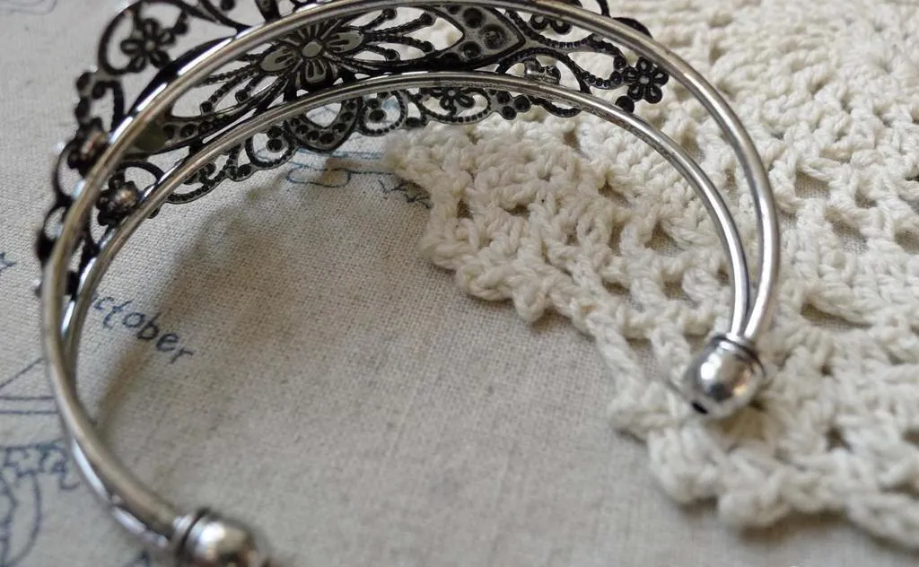 1 pc Antique Silver Brass Filigree Flower Bangle Bracelet  A6318