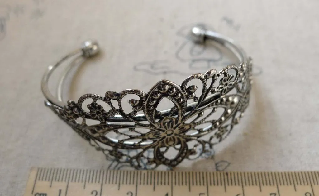 1 pc Antique Silver Brass Filigree Flower Bangle Bracelet  A6318