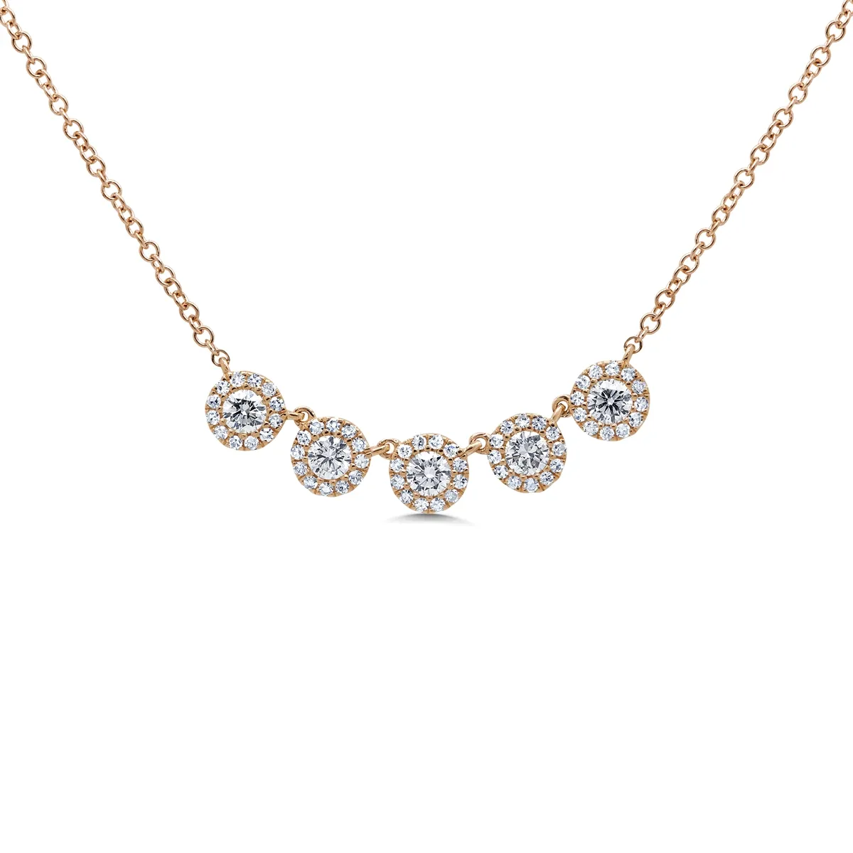 14K Rose Gold Necklace with Station Round Diamonds Each with a Halo