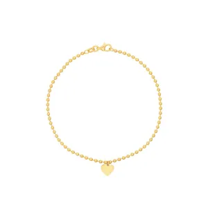14K Yellow Gold 2.00mm Beaded Chain w/Dangle Heart Bracelet