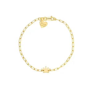 14K Yellow Gold Kid's Paper Clip Chain Bracelet with Crown