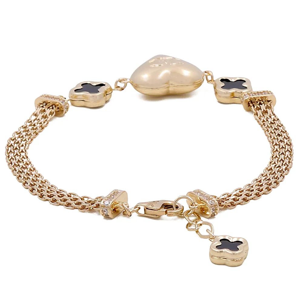 14K Yellow Gold Women's Fashion Heart Onyx Stones Bracelet