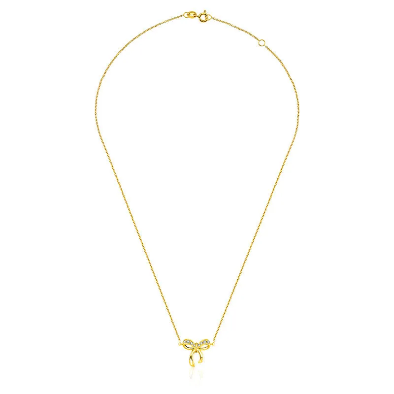 18k Gold Ribbon Bow Diamond Necklace