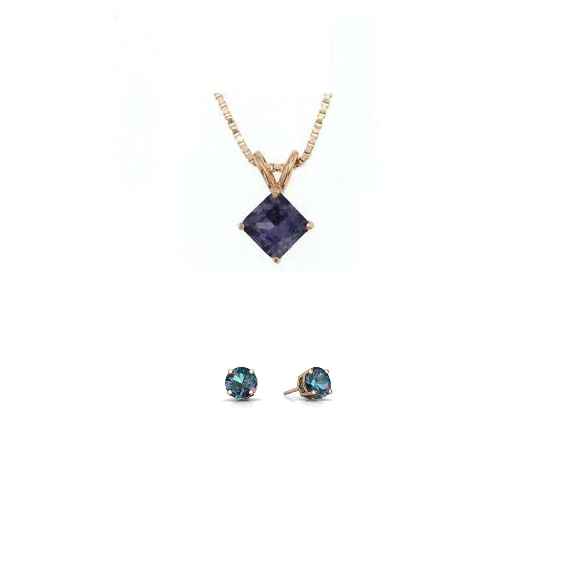 18K Rose Gold 1/2ct Alexandrite Square 18 Inch Necklace and Round Earrings Set Plated