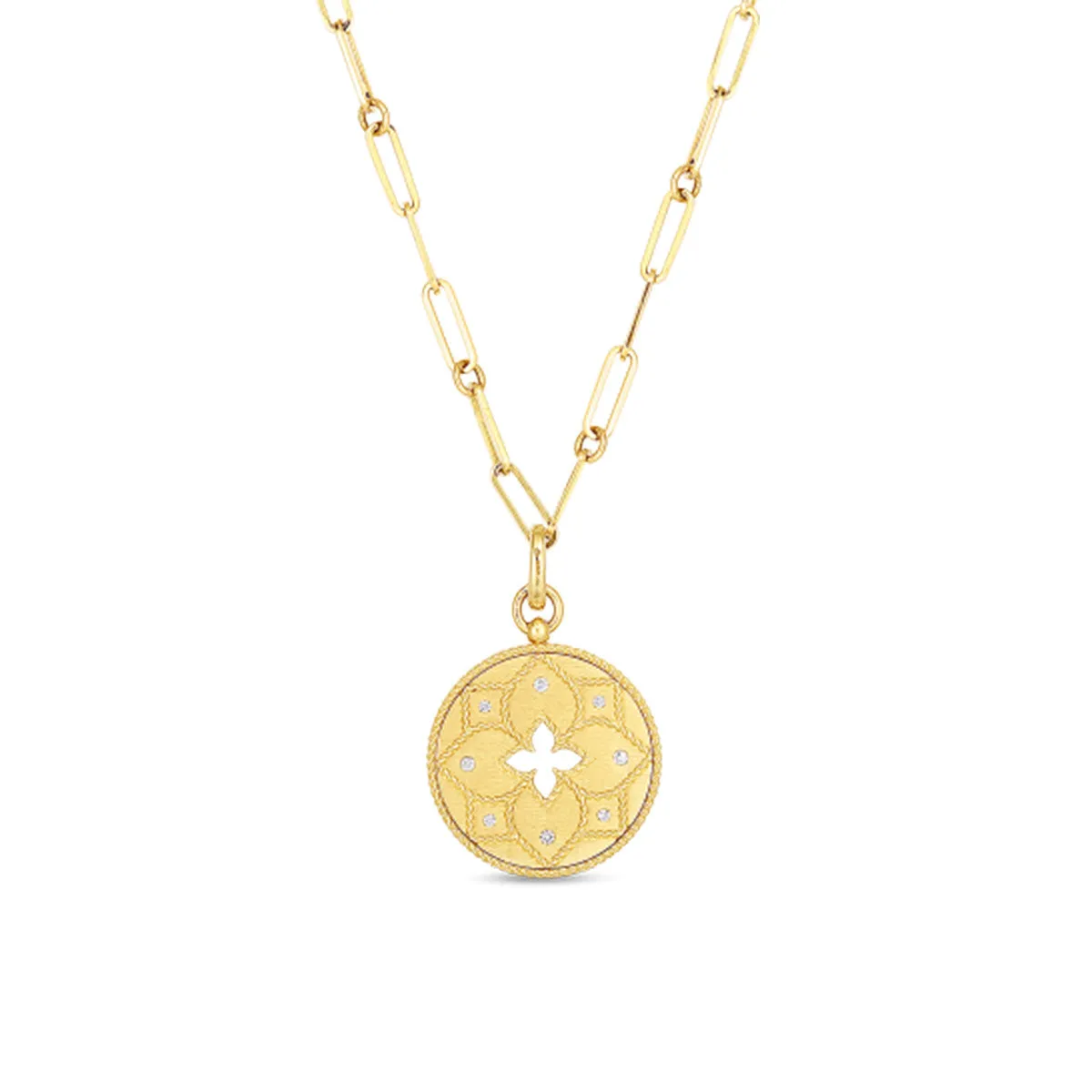 18K Venetian Princess Satin Medallion with Flower Cutout Diamond Accent on Chain