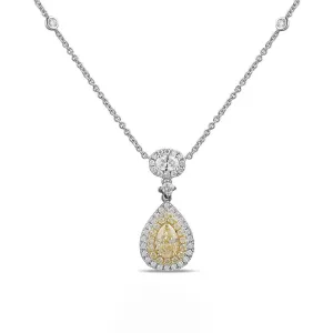 18K White Gold Pear Yellow Diamond with Yellow and White Diamond Halo and Oval with Halo Pendant Necklace