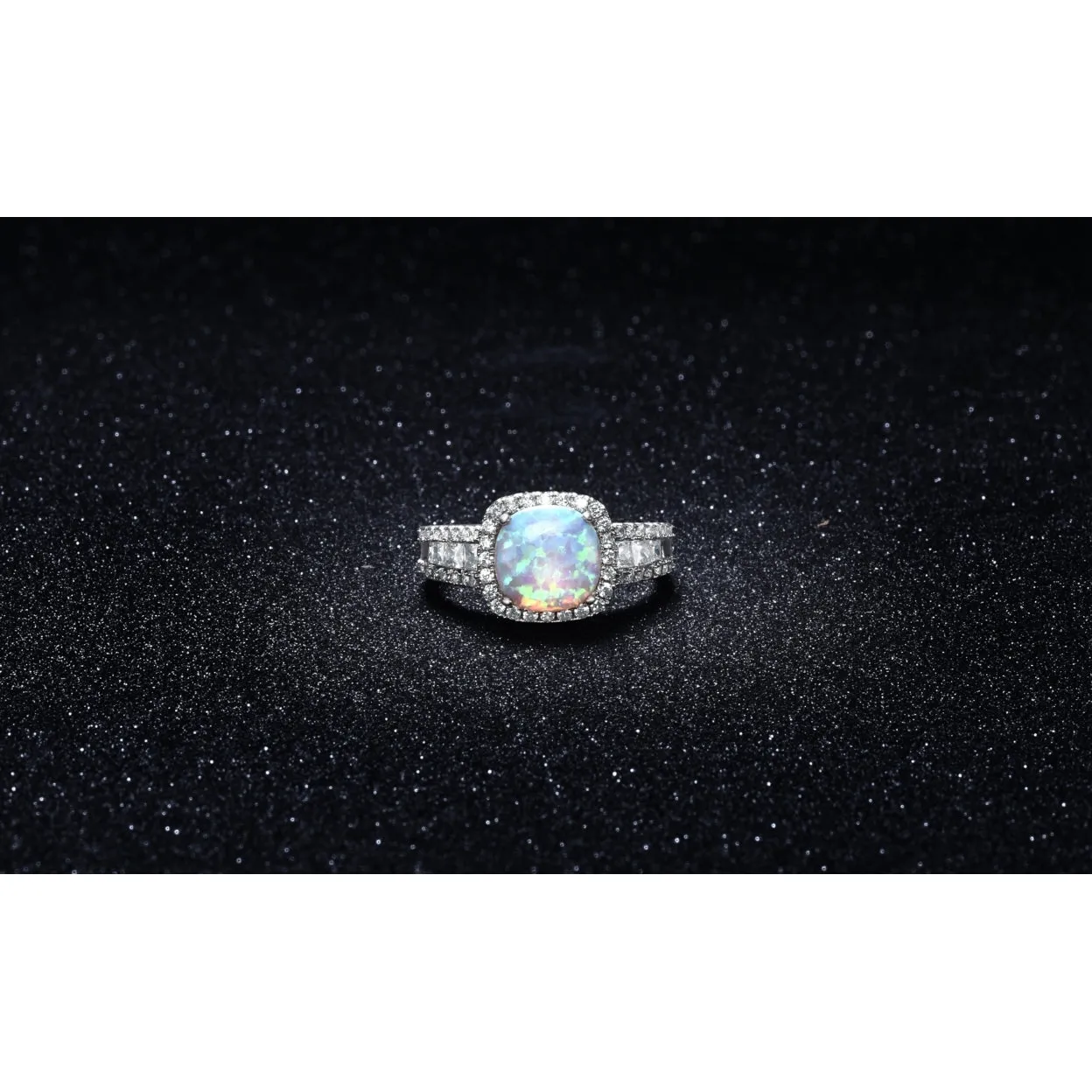 18k White Gold White Opal Cushion Cut Halo Ring 3.50 cttw Sizes 6 7 8 9