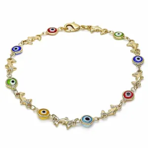 18K Womens Gold Filled High Polish Finsh Dolphin Multi-Color Evil Eye Lobster Clasp Ankle Bracelet 10 Inch