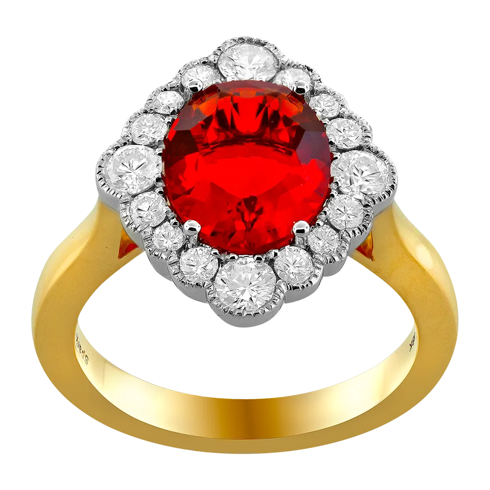18K Yellow & White Halo Fire Opal and Natural Diamond Ring Size 6.5