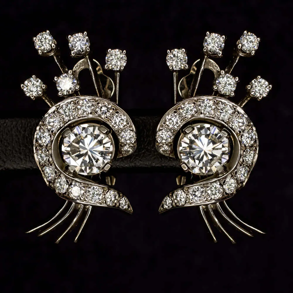 2.75ct CERTIFIED H VS DIAMOND COCKTAIL EARRINGS VINTAGE ESTATE FLORAL WHITE GOLD
