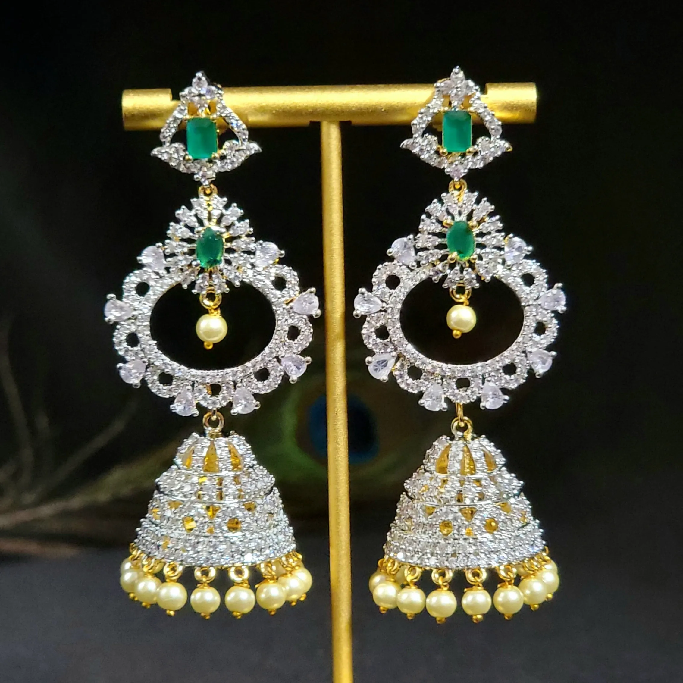 4-in-one Changeable Green & White AD Zircon Jhumka Earring