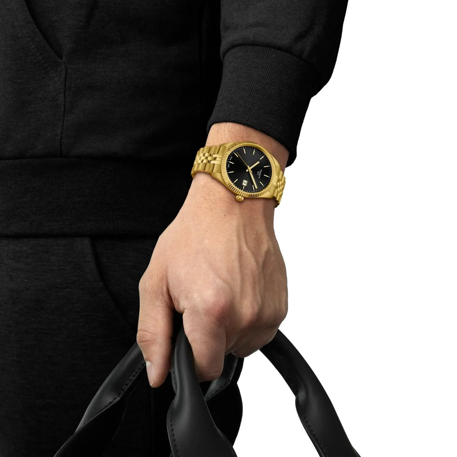 40MM TISSOT BALLADE QUARTZ WATCH WITH YELLOW GOLD STAINLESS STEEL CASE AND BLACK DATE DIAL