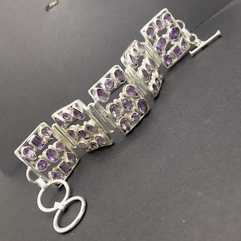 Amethyst Bracelet, 5 Panels, Faceted Stones, 925 Silver