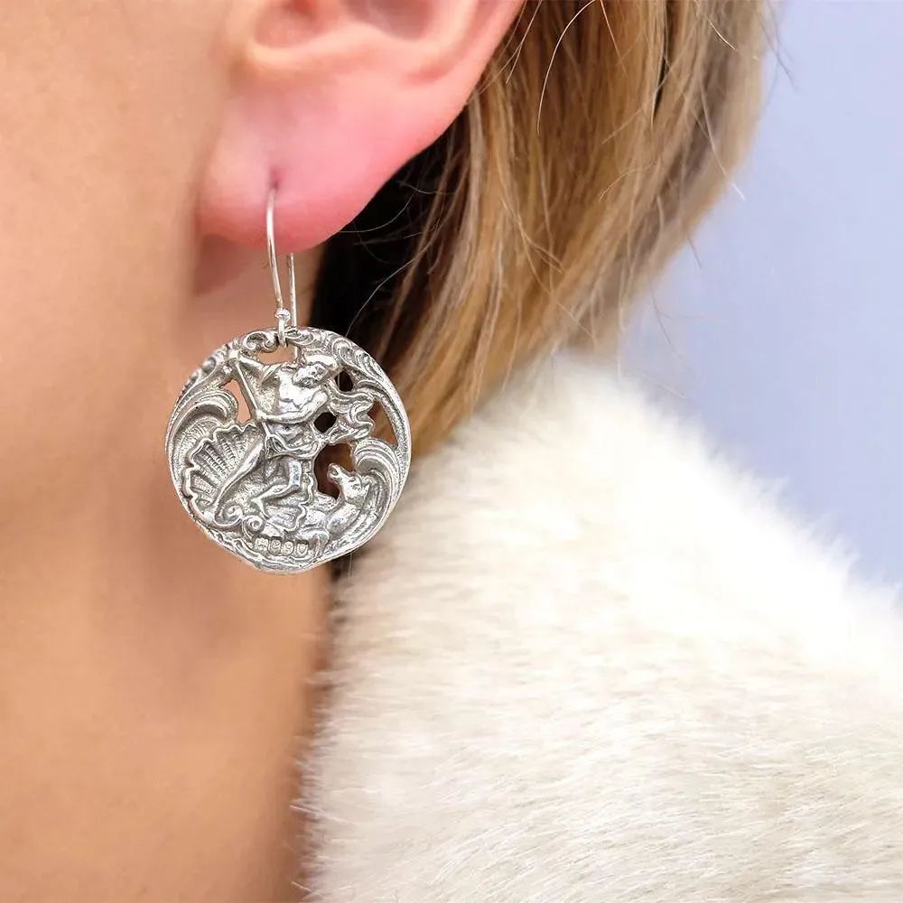Antique Art Nouveau 1902 Poseidon God of the Sea Silver Drop Earrings