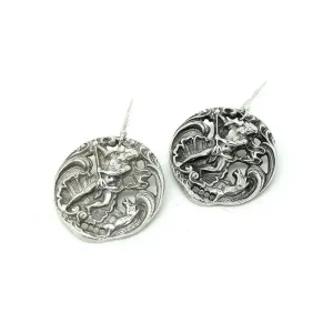 Antique Art Nouveau 1902 Poseidon God of the Sea Silver Drop Earrings