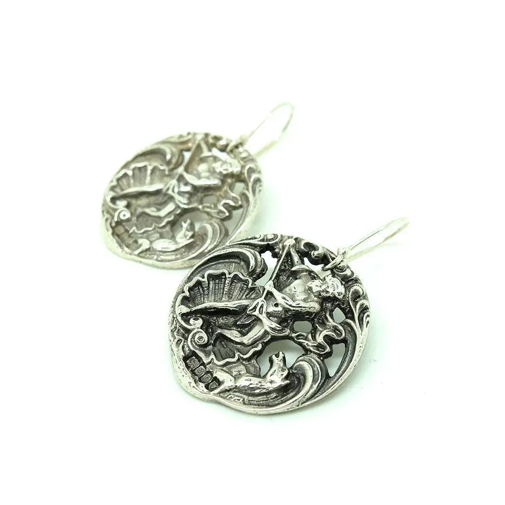 Antique Art Nouveau 1902 Poseidon God of the Sea Silver Drop Earrings