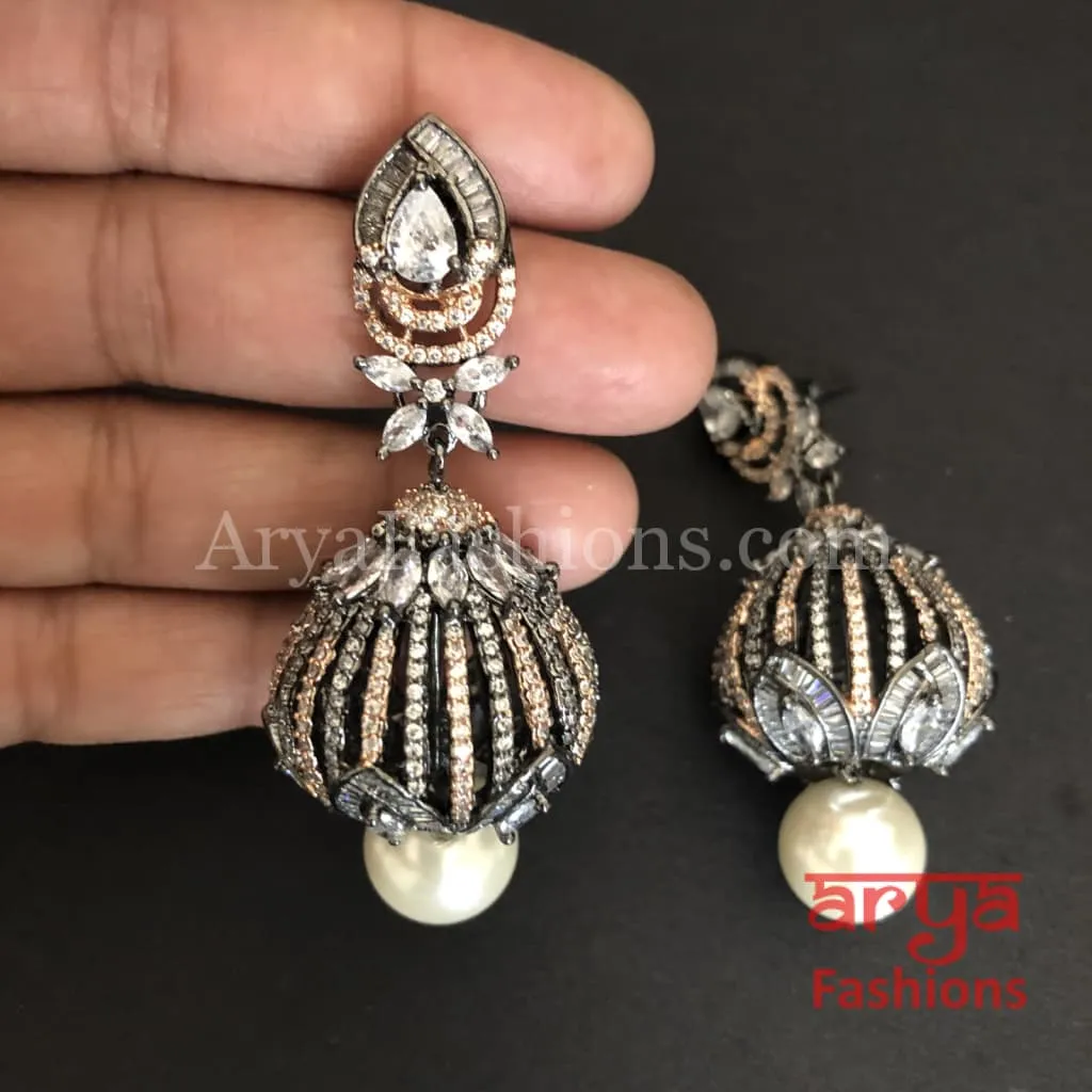 Ariana Victorian Cubic Zirconia Crown Earrings with pearl drops