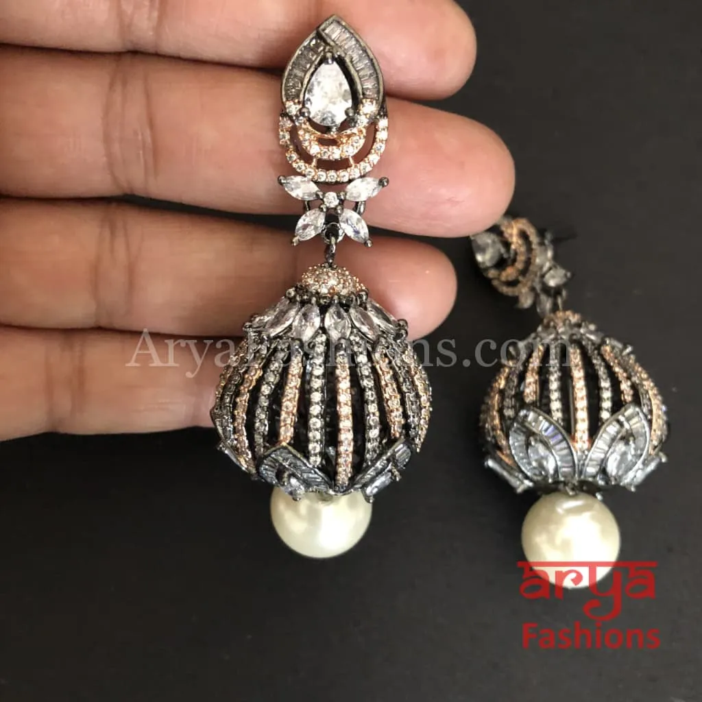 Ariana Victorian Cubic Zirconia Crown Earrings with pearl drops