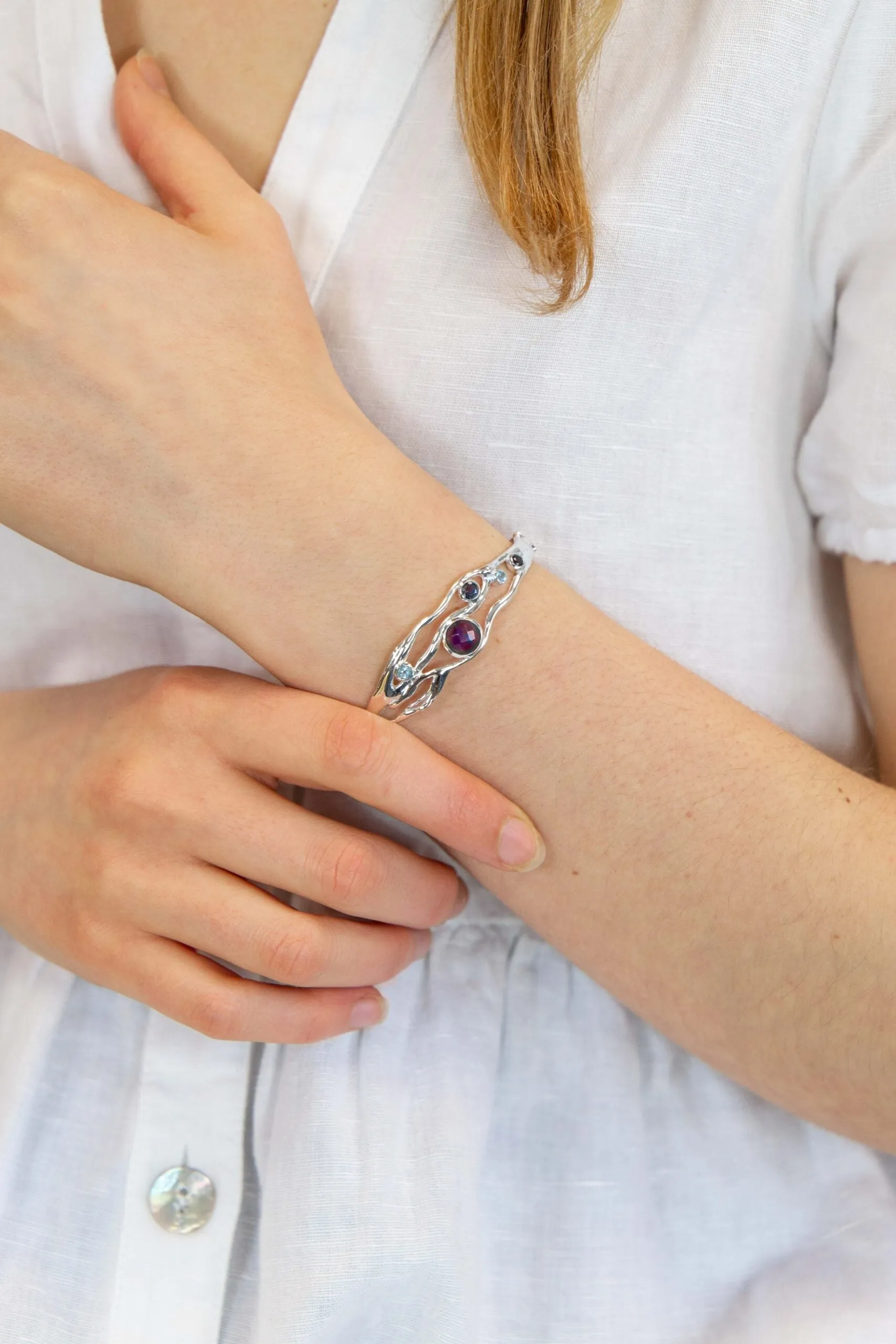 Banyan Silver Bracelet with Blue Topaz Amethyst and Iolite