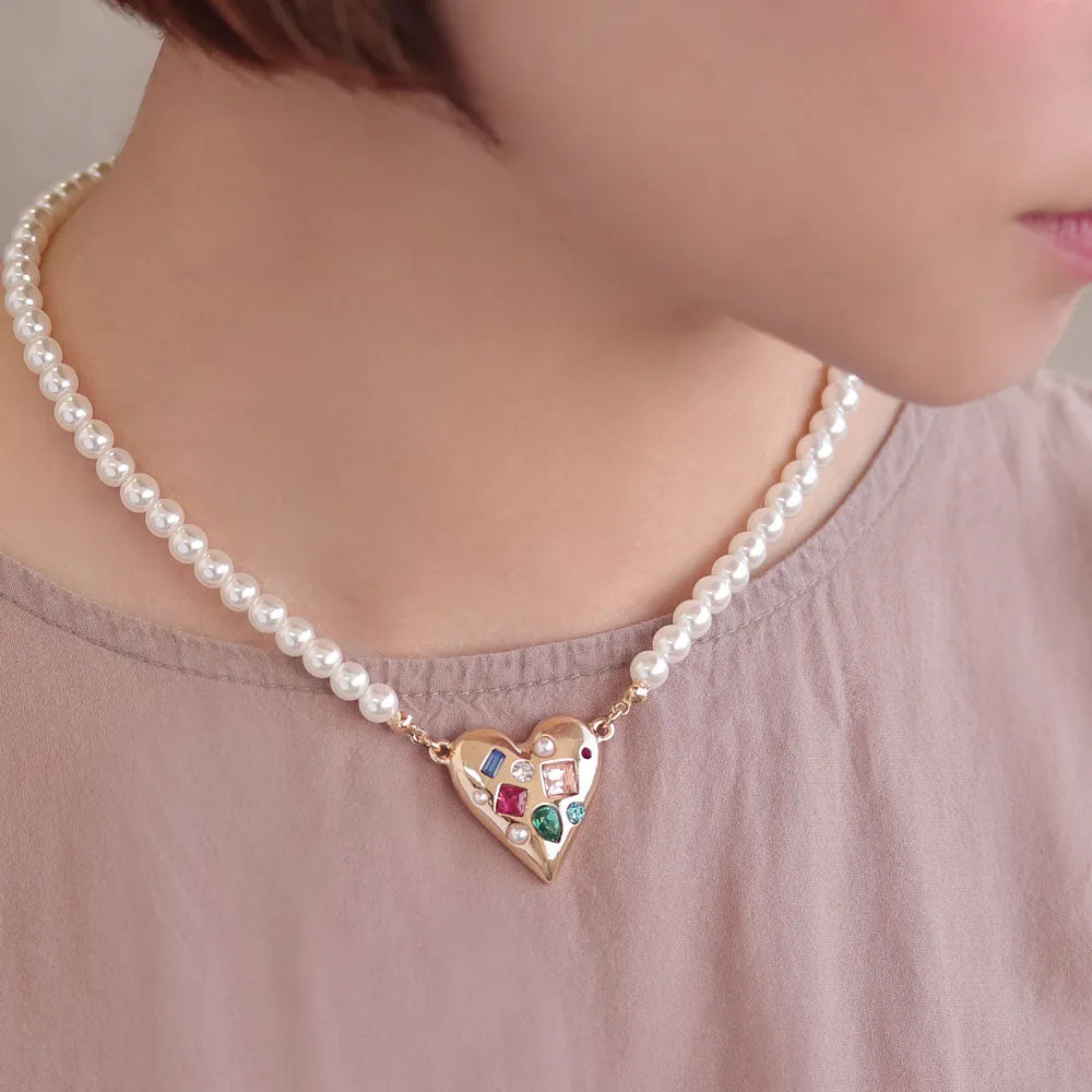 Beaded Heart Pearl Chain Necklace