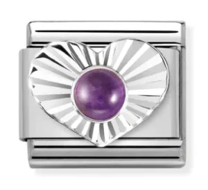 Birthstone - Amethyst in Heart Silver Charm
