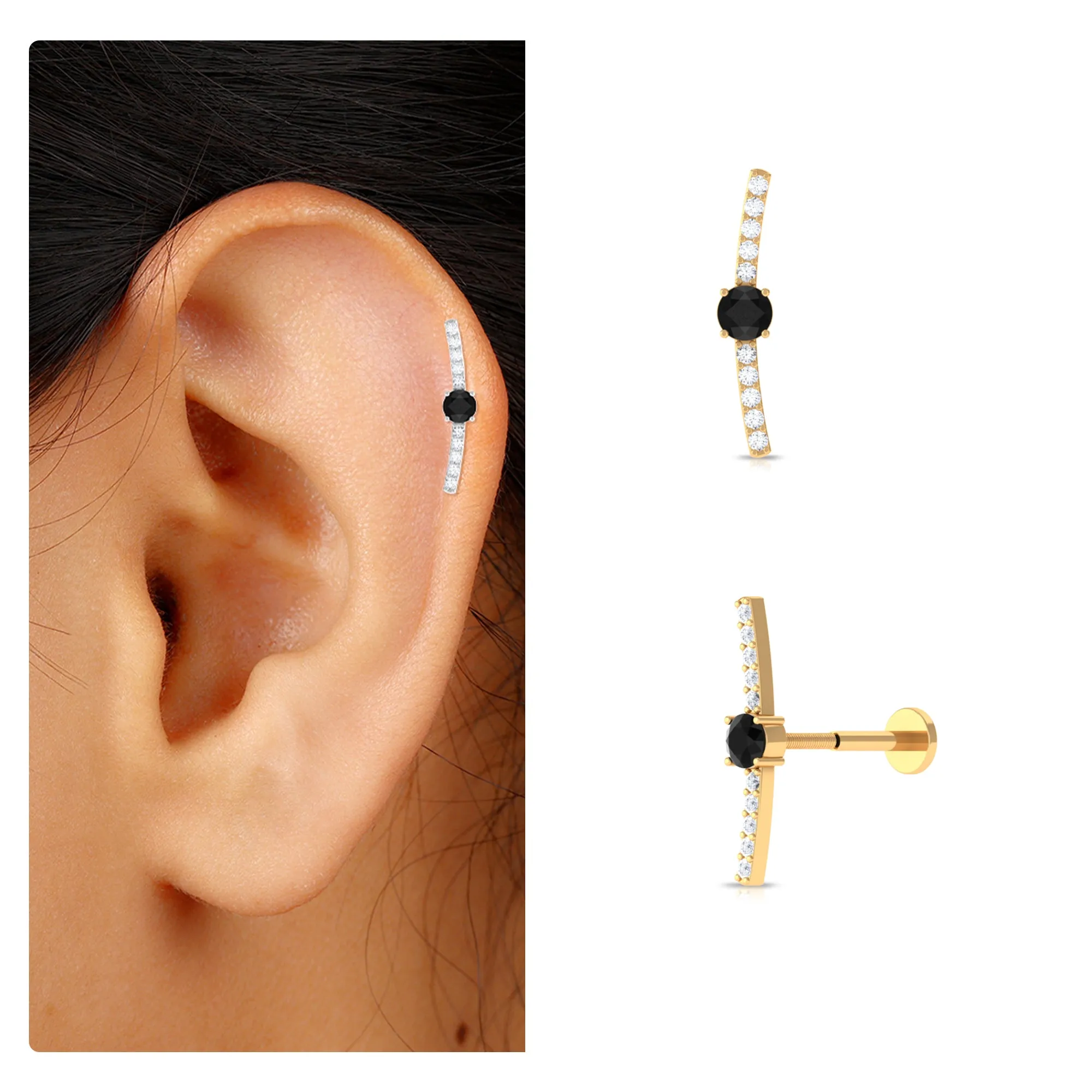 Black Onyx and Moissanite Curved Cartilage Earring in Gold