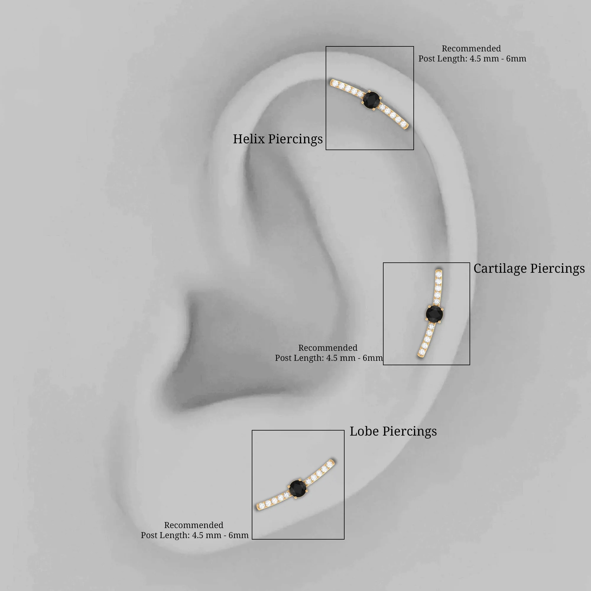Black Onyx and Moissanite Curved Cartilage Earring in Gold