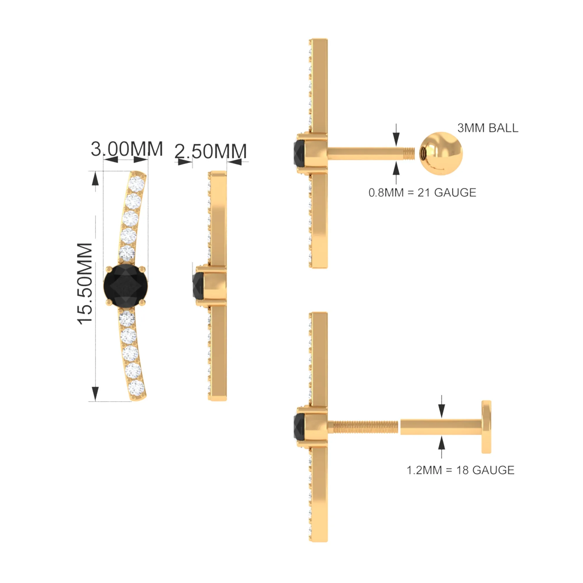 Black Onyx and Moissanite Curved Cartilage Earring in Gold
