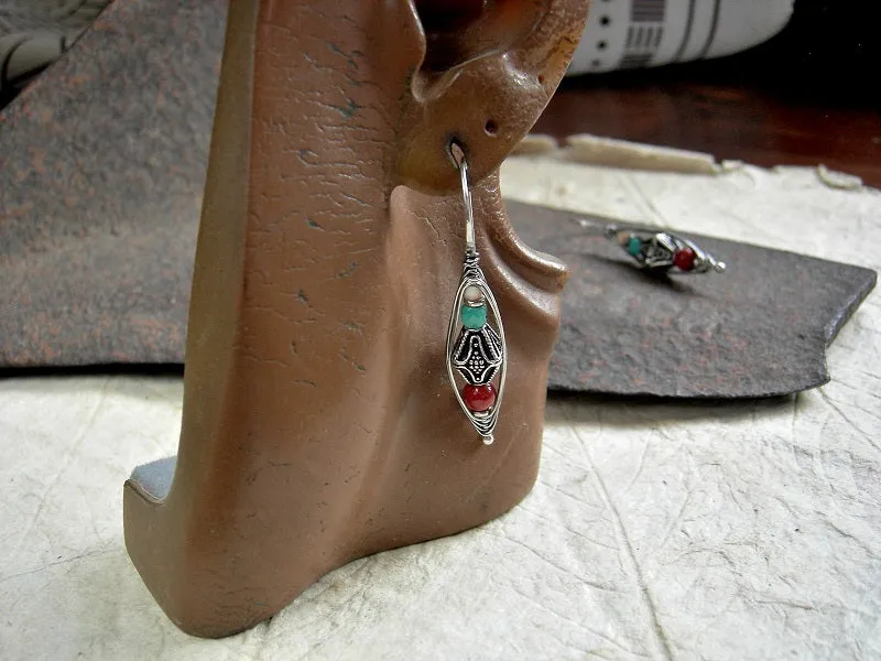 Boho Out West Wrapped Hook Earrings, Turquoise, Coral, Sterling Silver