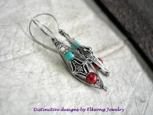 Boho Out West Wrapped Hook Earrings, Turquoise, Coral, Sterling Silver
