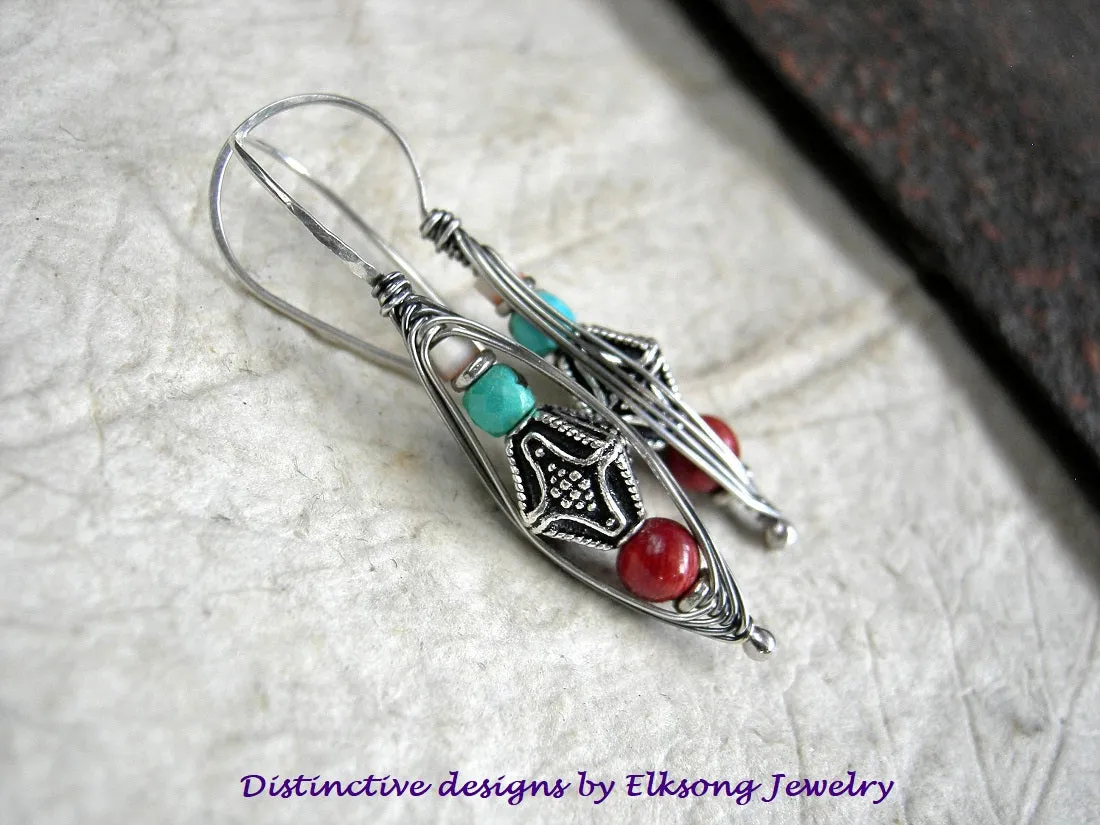 Boho Out West Wrapped Hook Earrings, Turquoise, Coral, Sterling Silver