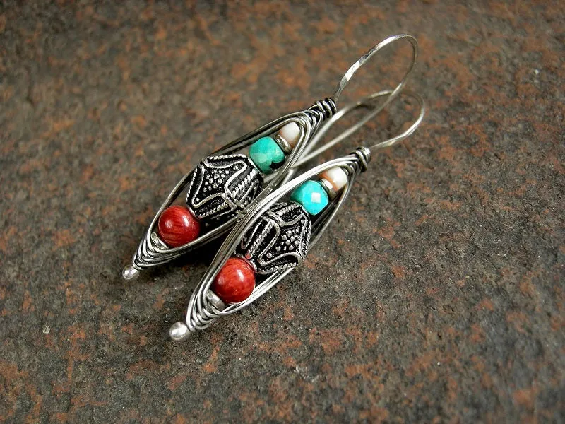 Boho Out West Wrapped Hook Earrings, Turquoise, Coral, Sterling Silver