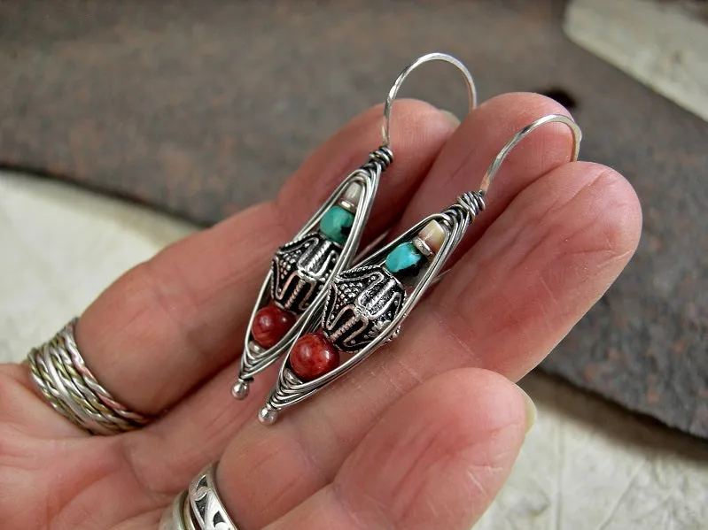 Boho Out West Wrapped Hook Earrings, Turquoise, Coral, Sterling Silver