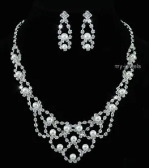 Bridal Faux Pearl Crystal Necklace Earrings Set XS1162