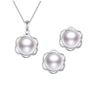 Classic 7-8mm White Pearl Pendant and Earrings, Silver Pearl Jewellery Set For Women