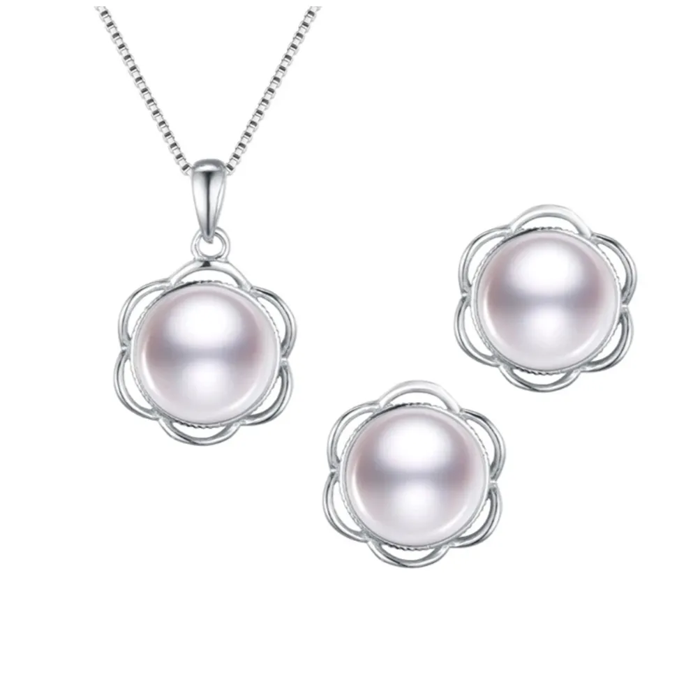 Classic 7-8mm White Pearl Pendant and Earrings, Silver Pearl Jewellery Set For Women