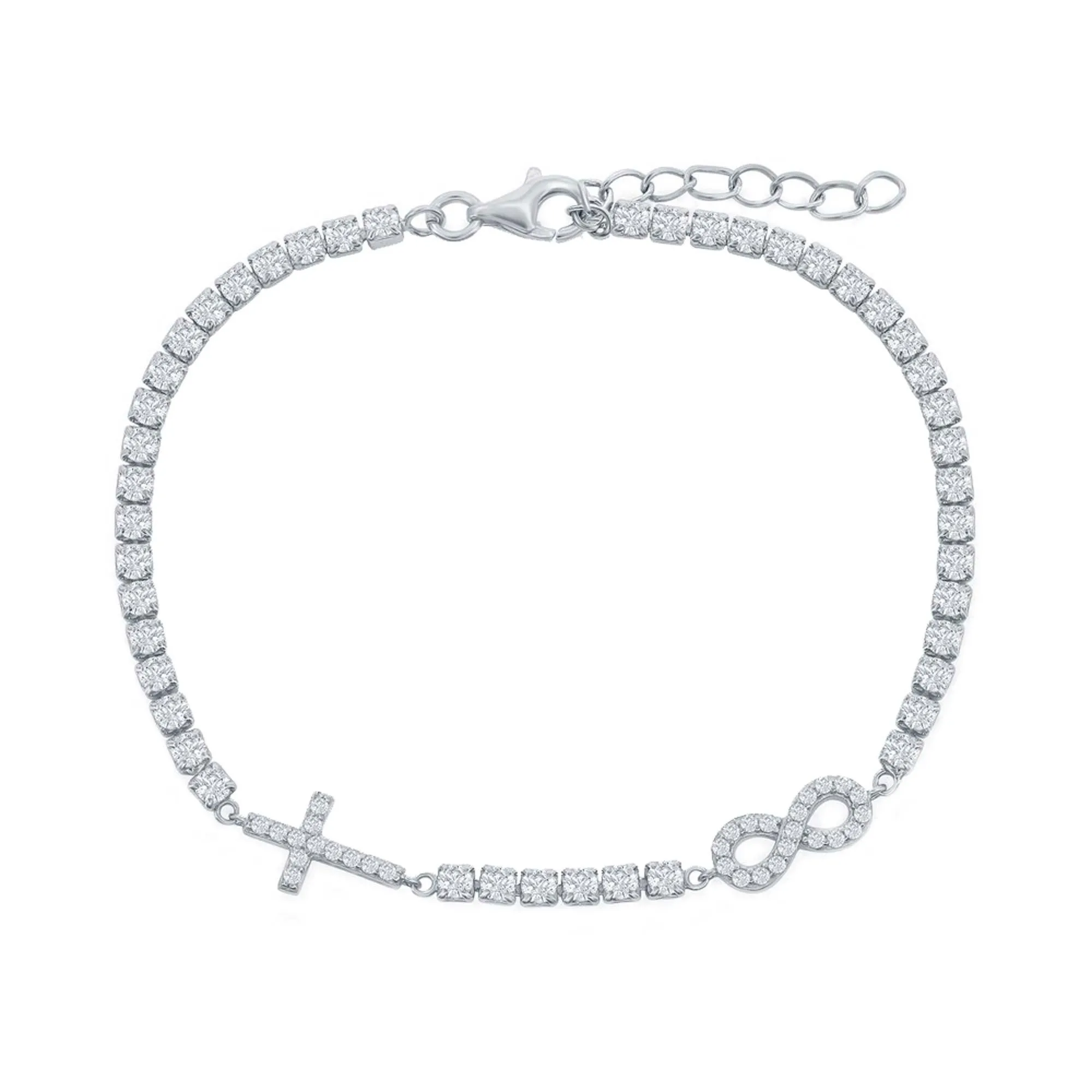 Classic Women's Bracelet - Sterling Silver Infinity and Cross Tennis CZ | T-8001