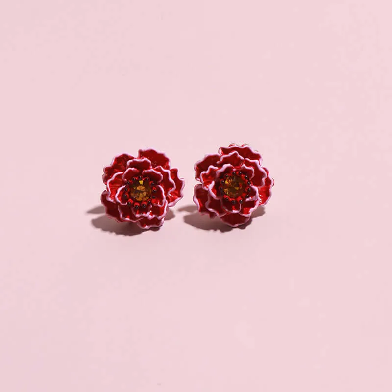 Copper Peach Blossom Red Flower Earrings