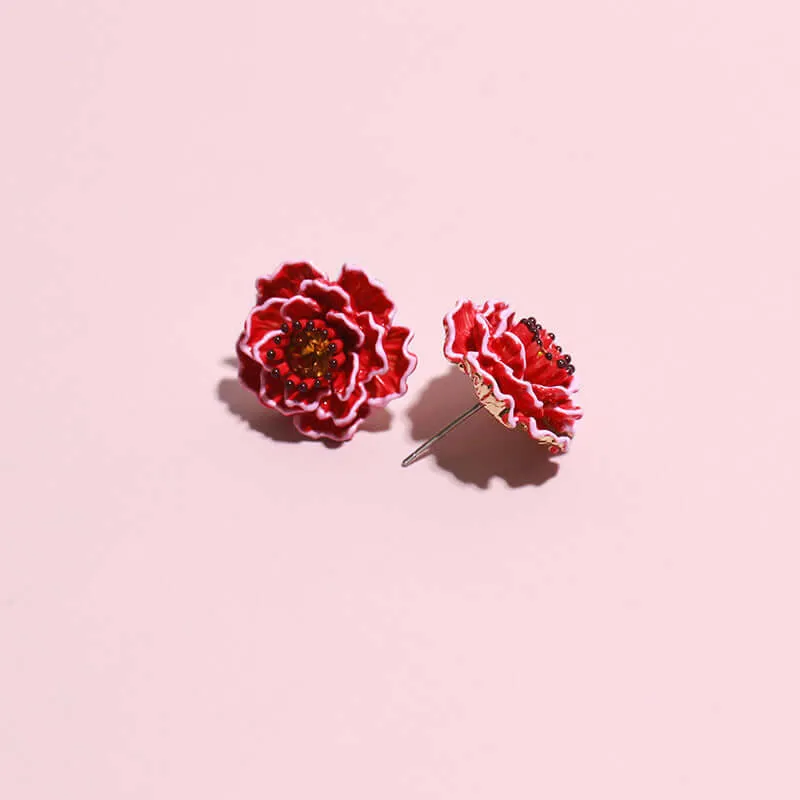 Copper Peach Blossom Red Flower Earrings