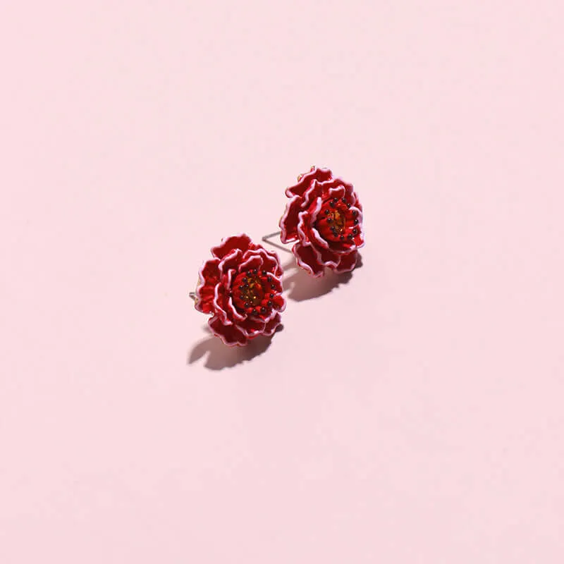 Copper Peach Blossom Red Flower Earrings