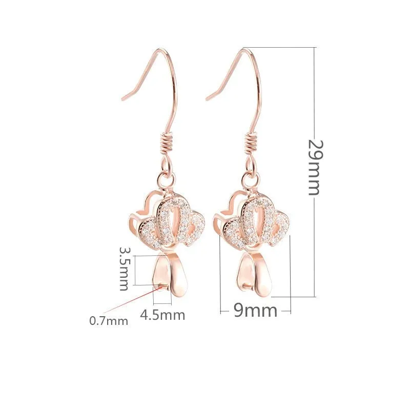 Crown Zircon Clip Earrings Hook Setting Tray Sterling Silver Rose White Gold Fine 925 3.5x4.5mm For One Bead No Prongs DIY Jewelry Wholesale