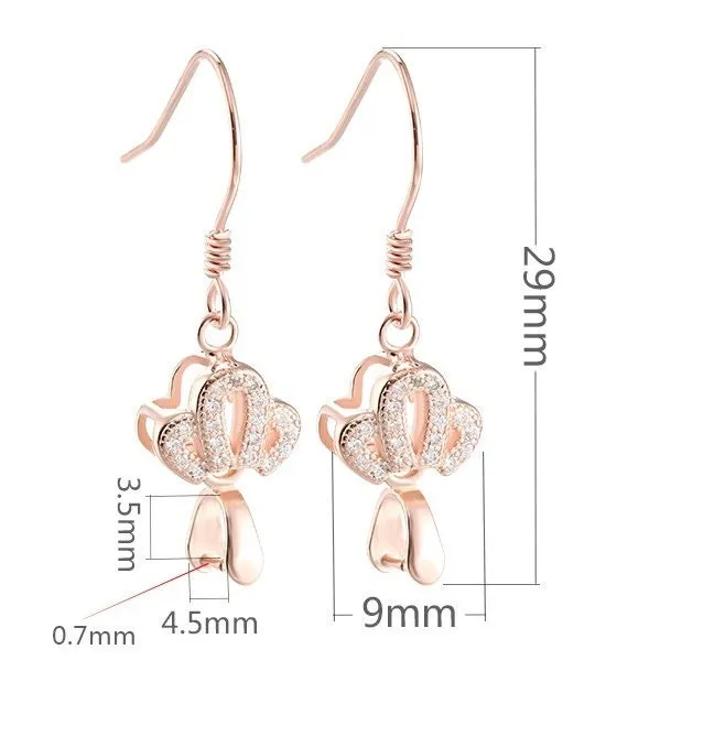 Crown Zircon Clip Earrings Hook Setting Tray Sterling Silver Rose White Gold Fine 925 3.5x4.5mm For One Bead No Prongs DIY Jewelry Wholesale