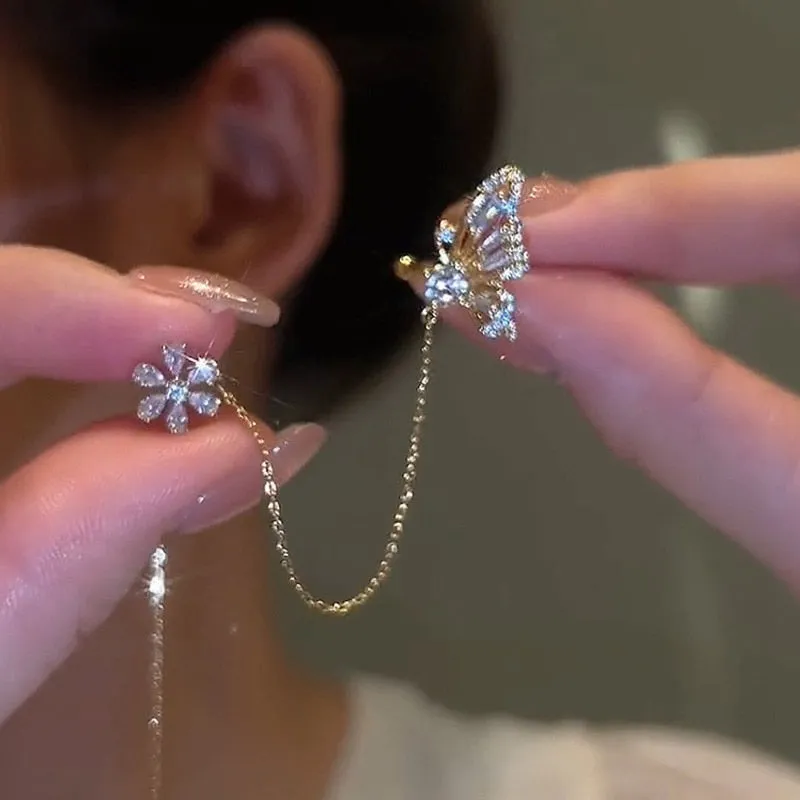 deanwangkt Gold Silver Color Metal Butterfly Ear Clips Without Piercing For Women Sparkling Zircon Ear Cuff Clip Earrings Wedding Jewelry