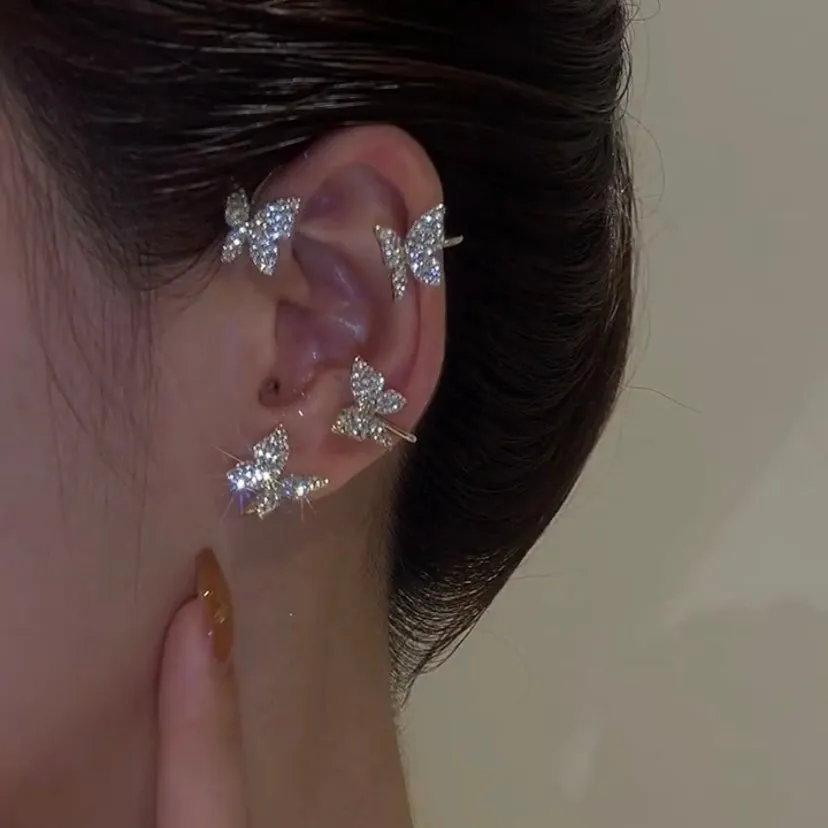 deanwangkt Gold Silver Color Metal Butterfly Ear Clips Without Piercing For Women Sparkling Zircon Ear Cuff Clip Earrings Wedding Jewelry