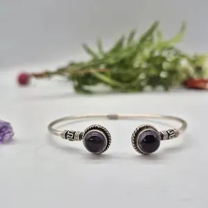 Double Amethyst Silver Plated Bangle Bracelet, Purple Crystal Cuff Bracelet